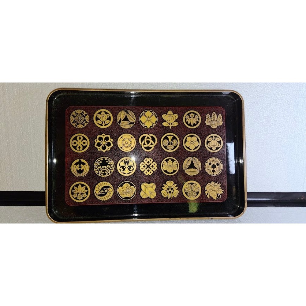Vintage Japanese Kamon Family Crest Lacquerware Serving Tray Black Red Gold 12in